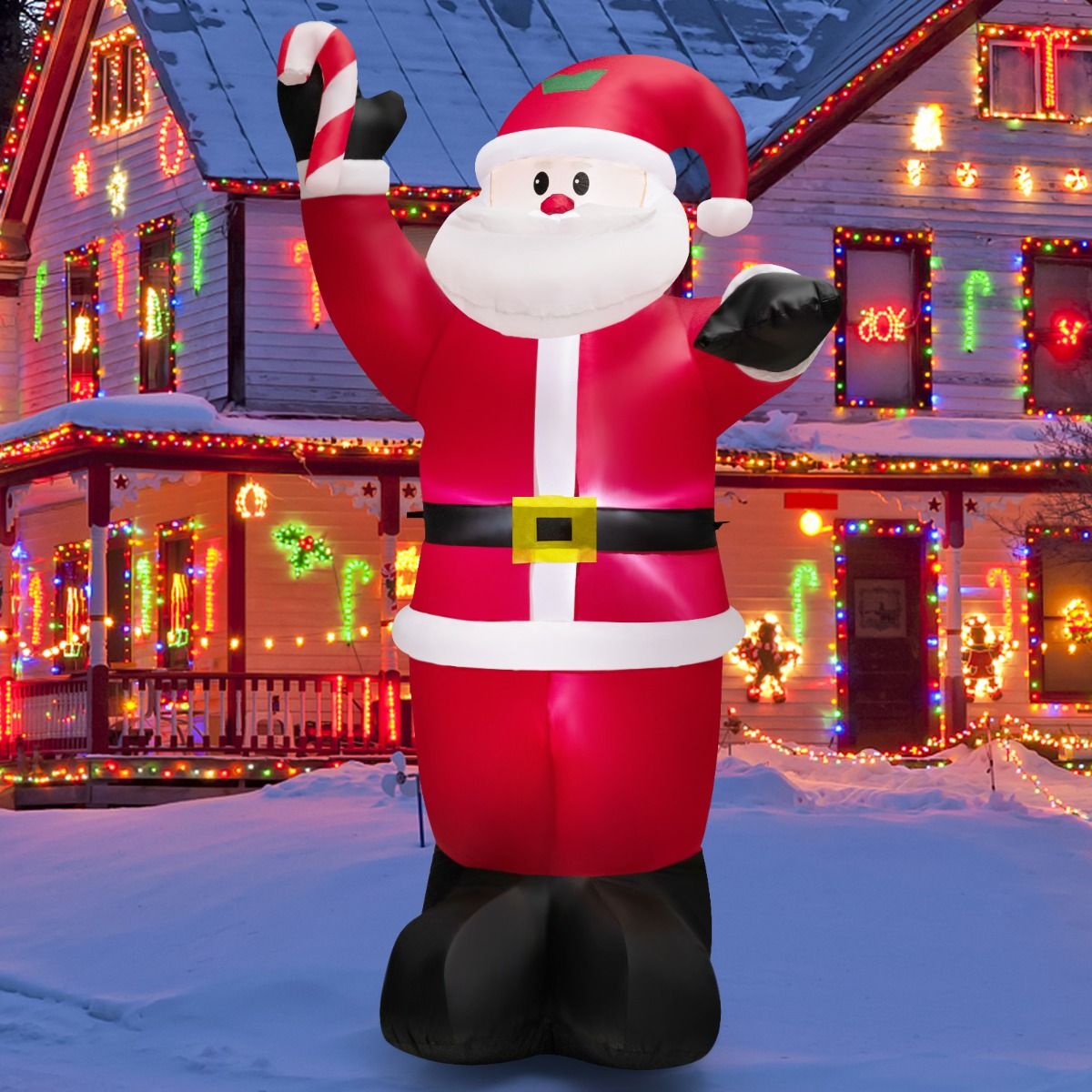 2.4M Inflatable Santa Claus Holding Crutch Lollipop with 2 Built-in LED Lights and Powerful Blowe