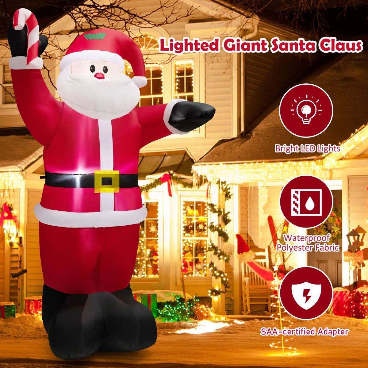 2.4M Inflatable Santa Claus Holding Crutch Lollipop with 2 Built-in LED Lights and Powerful Blowe