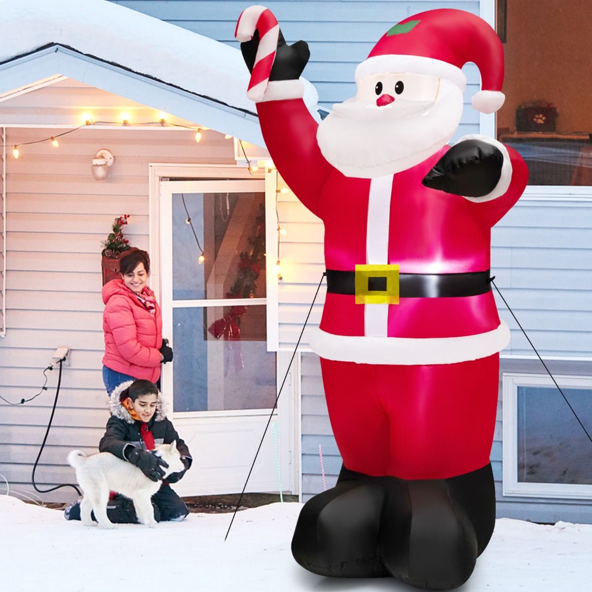 2.4M Inflatable Santa Claus Holding Crutch Lollipop with 2 Built-in LED Lights and Powerful Blowe