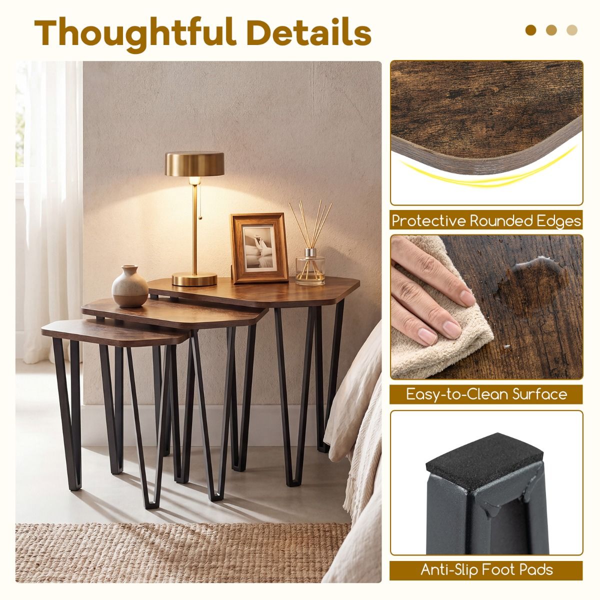 Irregular Hexagonal Sofa Side Table Set with Thick Tabletop and Metal Frame
