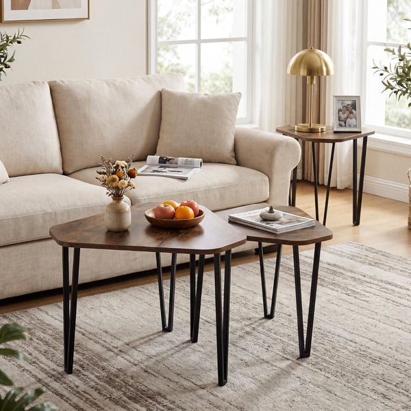 Irregular Hexagonal Sofa Side Table Set with Thick Tabletop and Metal Frame