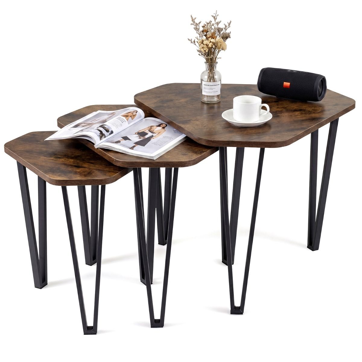 Irregular Hexagonal Sofa Side Table Set with Thick Tabletop and Metal Frame