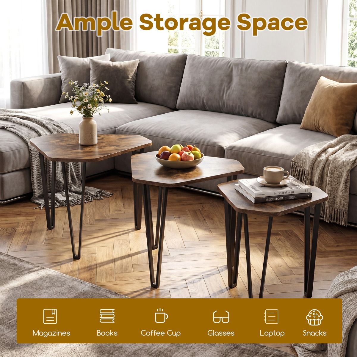 Irregular Hexagonal Sofa Side Table Set with Thick Tabletop and Metal Frame
