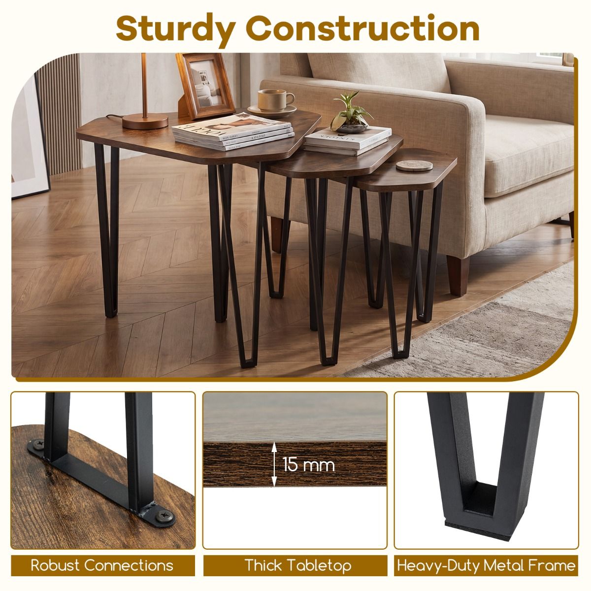 Irregular Hexagonal Sofa Side Table Set with Thick Tabletop and Metal Frame