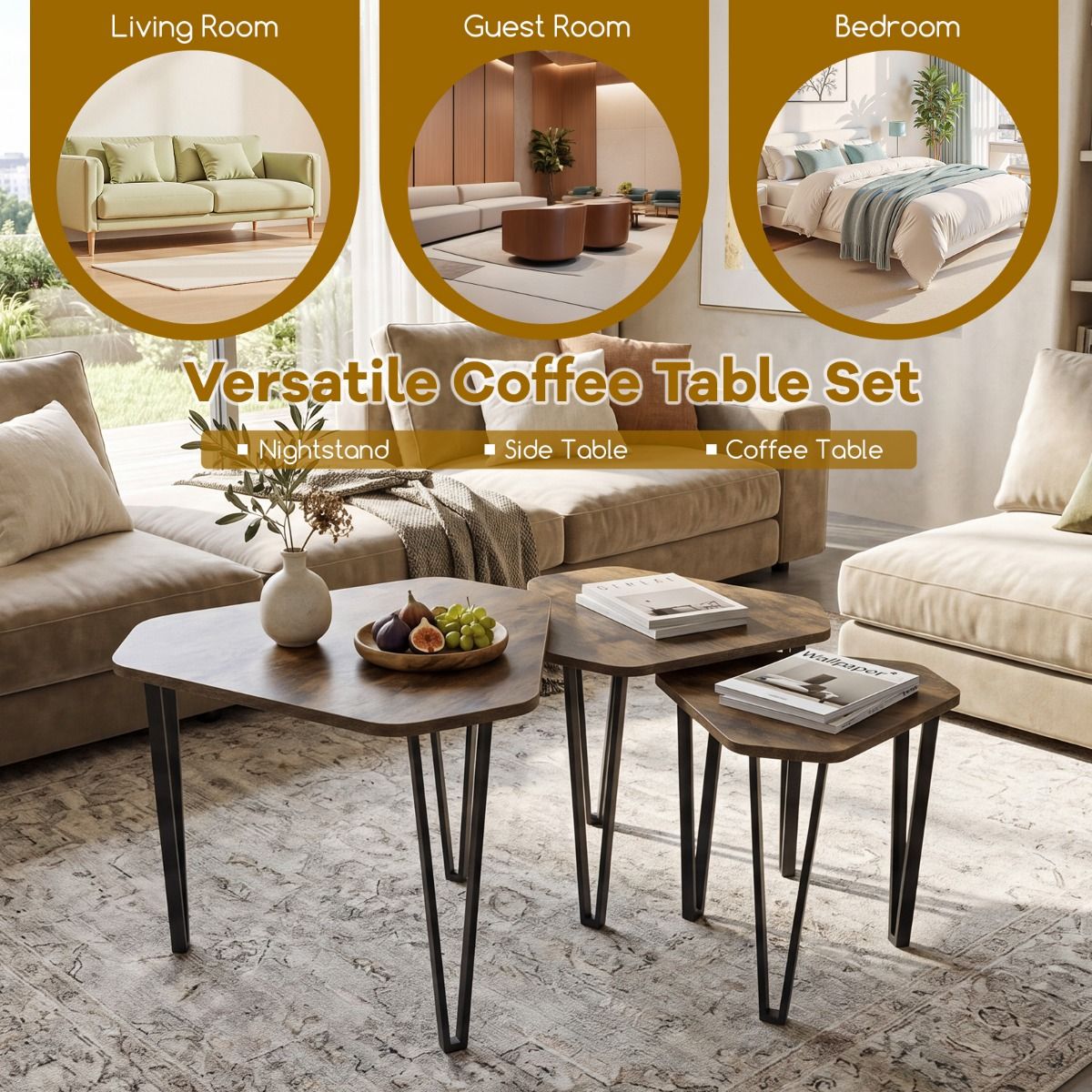 Irregular Hexagonal Sofa Side Table Set with Thick Tabletop and Metal Frame