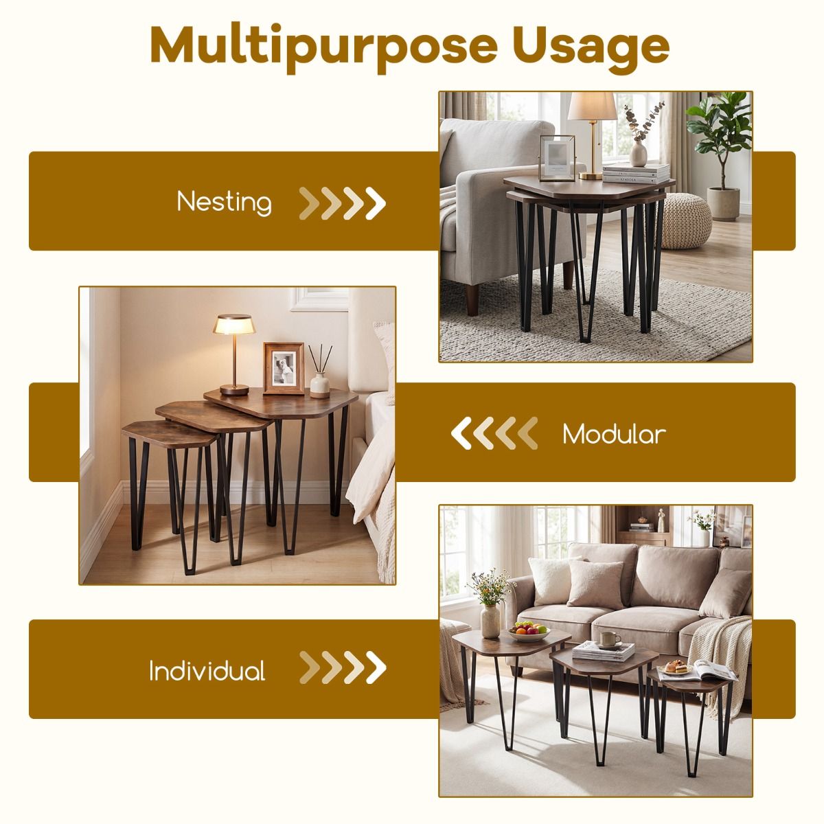 Irregular Hexagonal Sofa Side Table Set with Thick Tabletop and Metal Frame