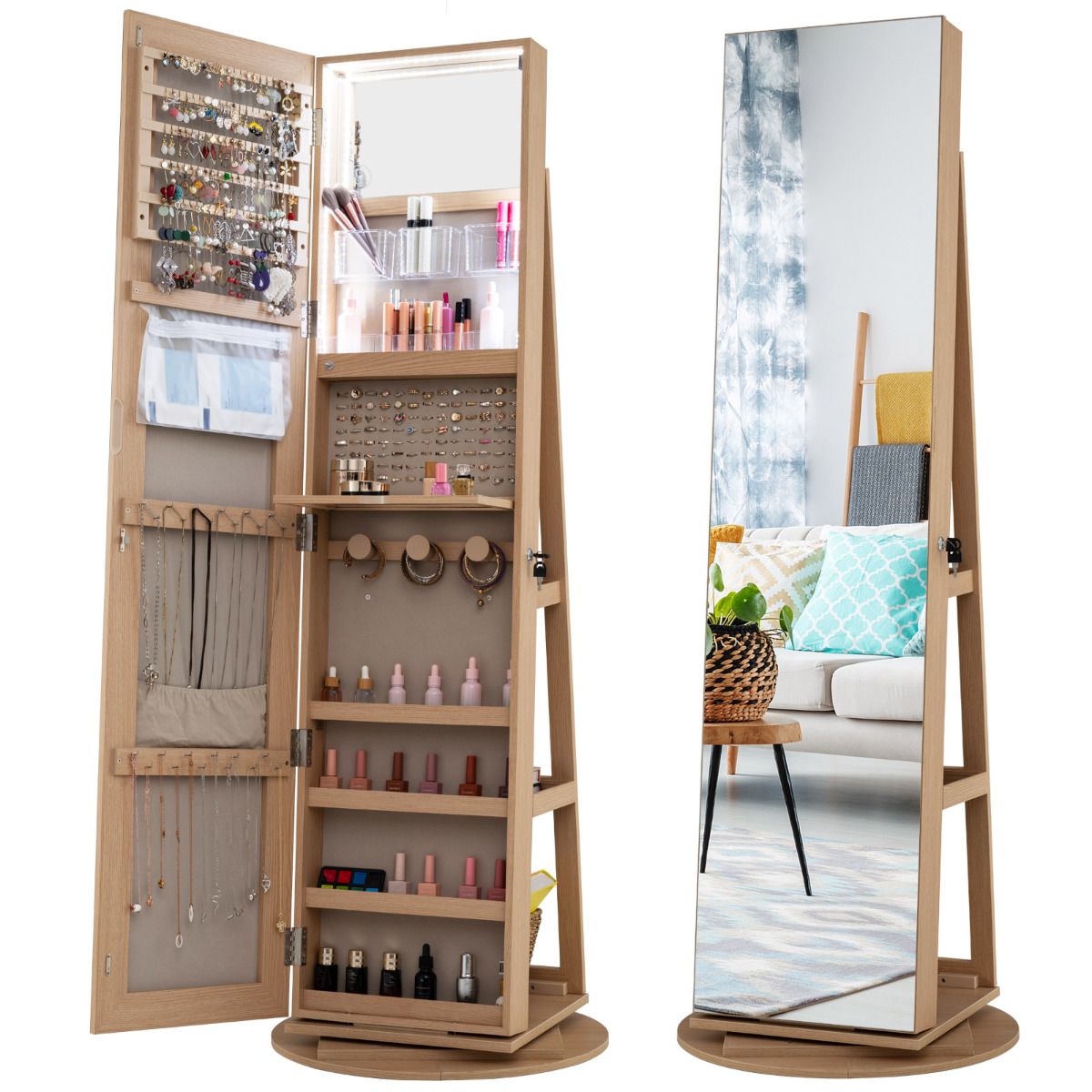 Giantex 161CM(H) Jewelry Armoire with Full Length Mirror 360° Swivel, 3-Color LED lights