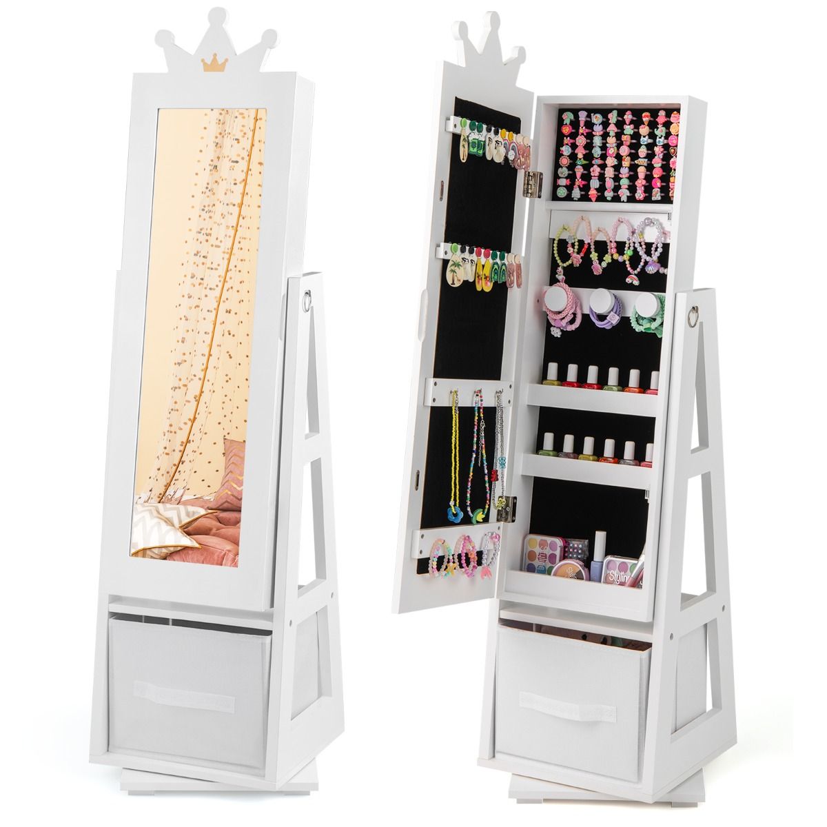 3-in-1 360° Swivel Kids Jewelry Cabinet with Dressing Mirror and Storage Rack