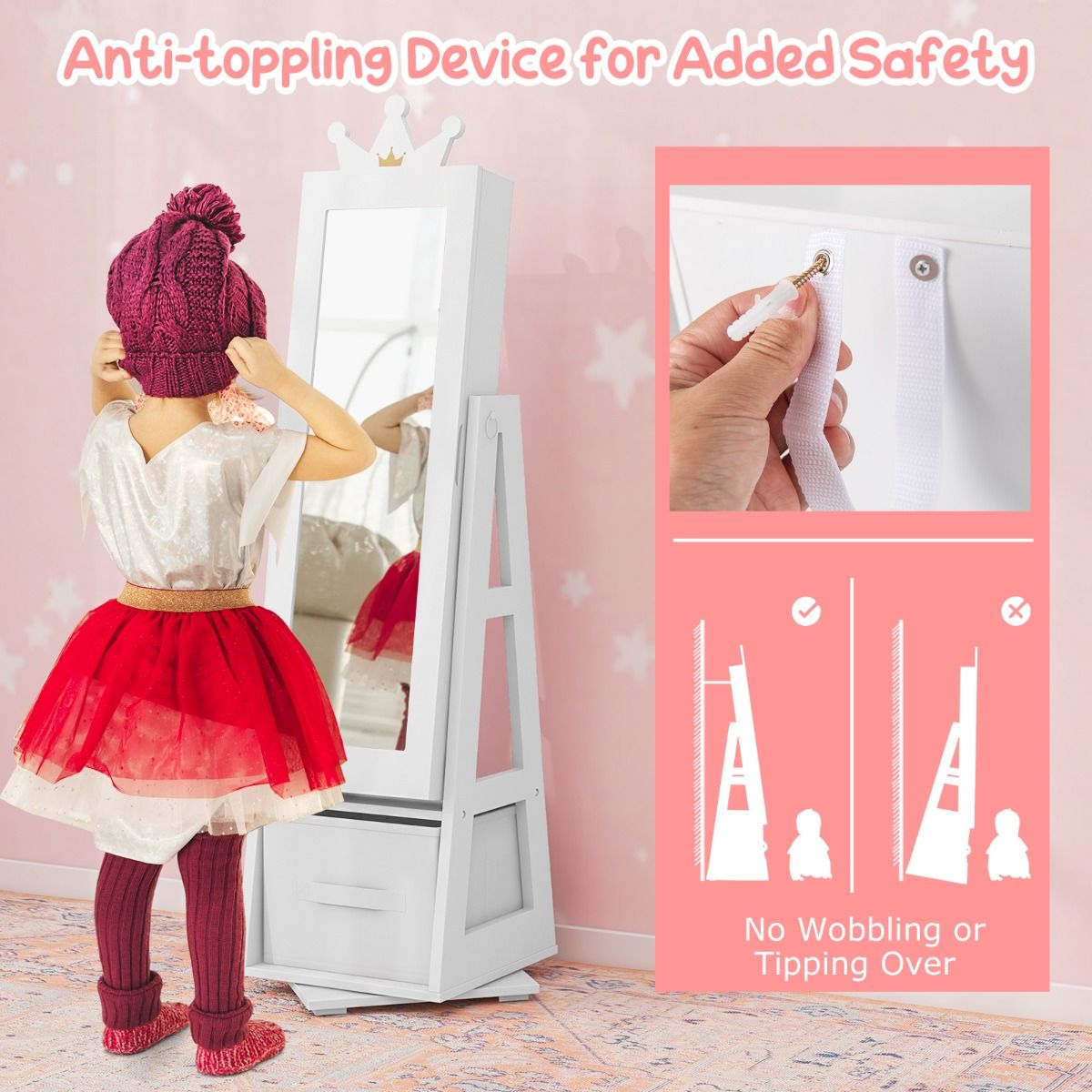 3-in-1 360° Swivel Kids Jewelry Cabinet with Dressing Mirror and Storage Rack