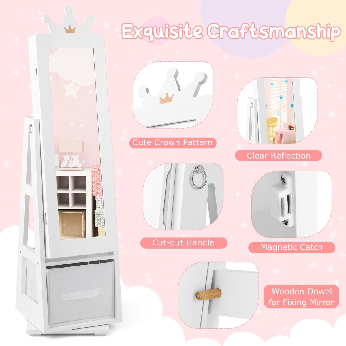 3-in-1 360° Swivel Kids Jewelry Cabinet with Dressing Mirror and Storage Rack