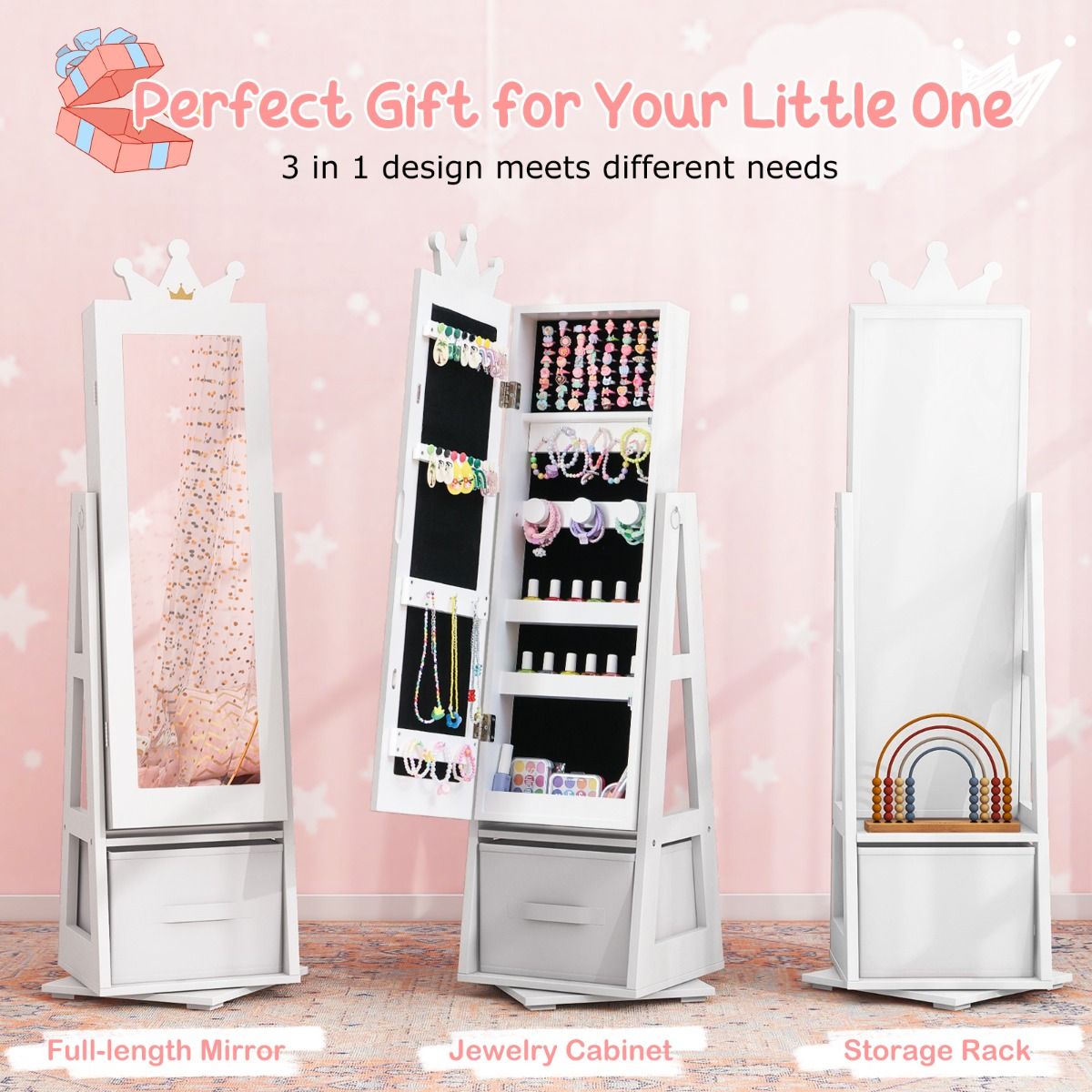 3-in-1 360° Swivel Kids Jewelry Cabinet with Dressing Mirror and Storage Rack