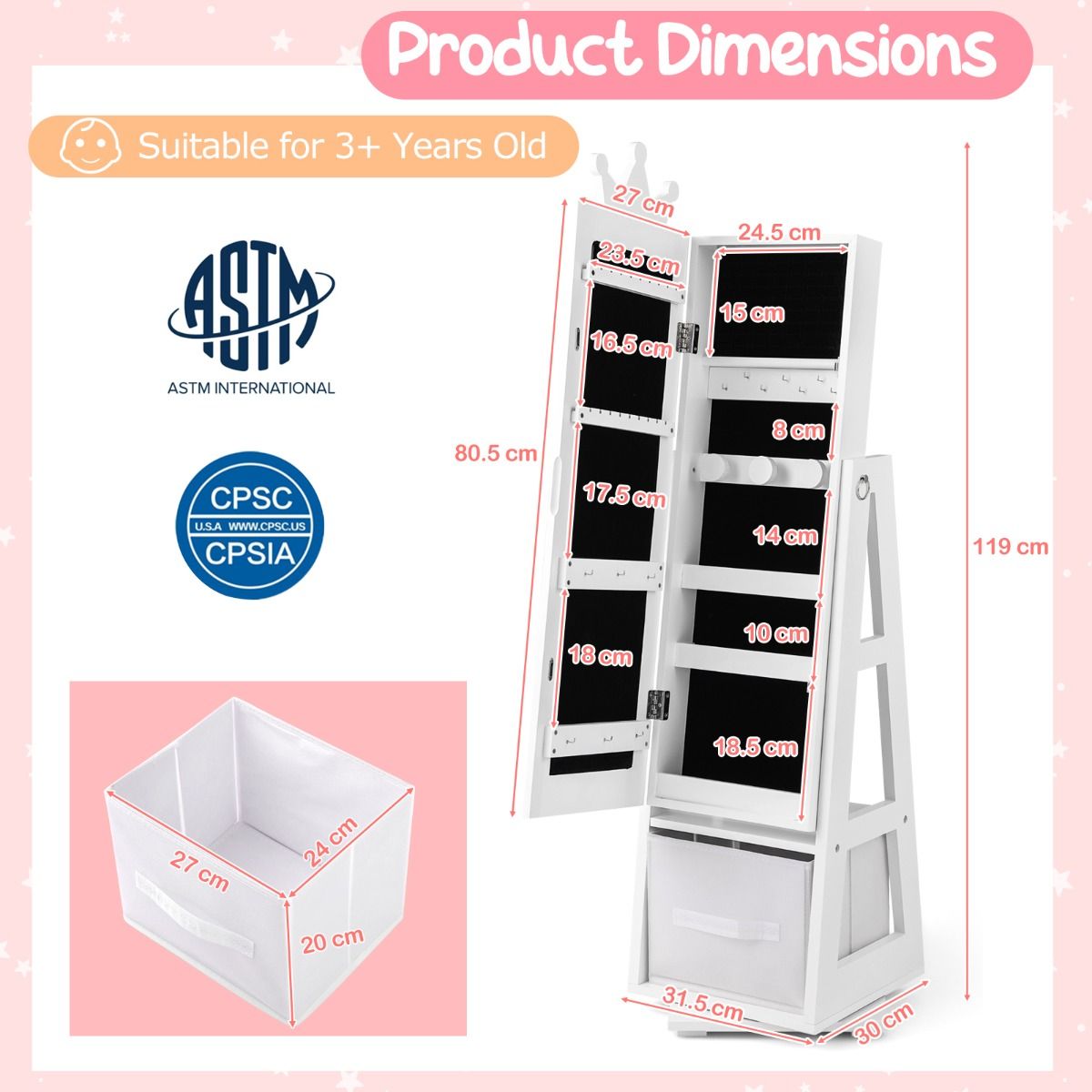 3-in-1 360° Swivel Kids Jewelry Cabinet with Dressing Mirror and Storage Rack
