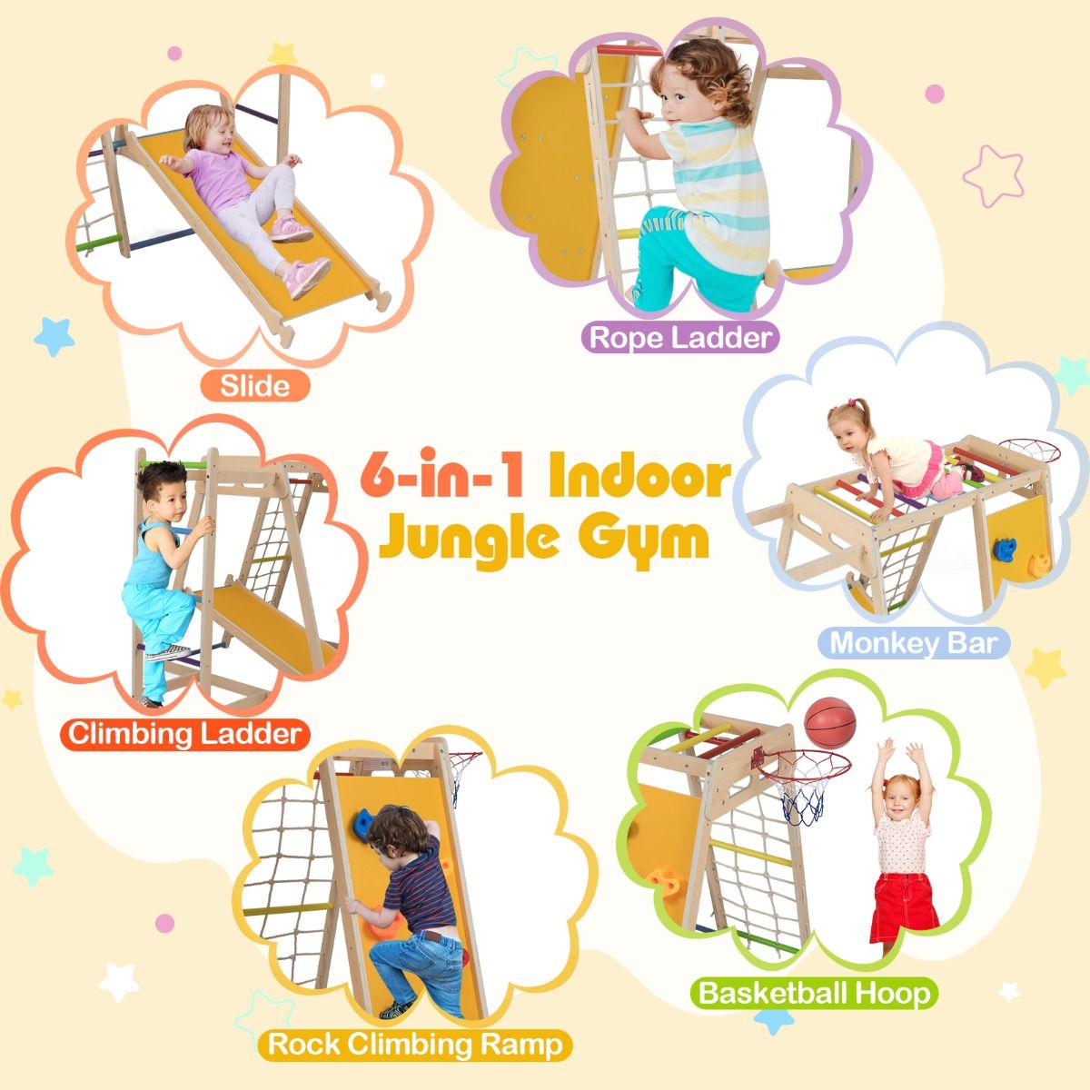 6-in-1 Jungle Gym with Slide and Rock Climbing for 3-14 Years Olds