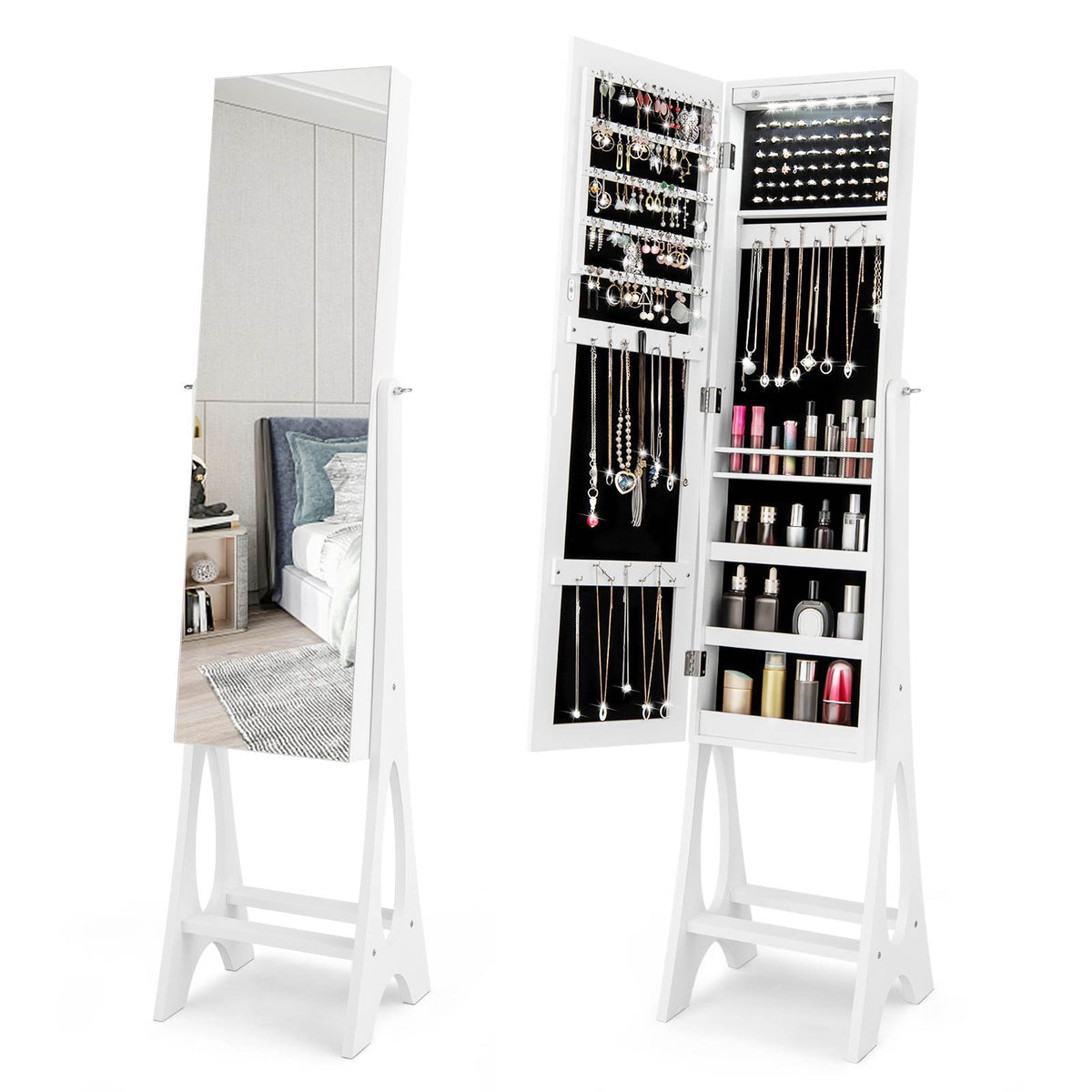 Freestanding Mirror Jewelry Cabinet w/ Full Length Mirror Built-in LED Lights