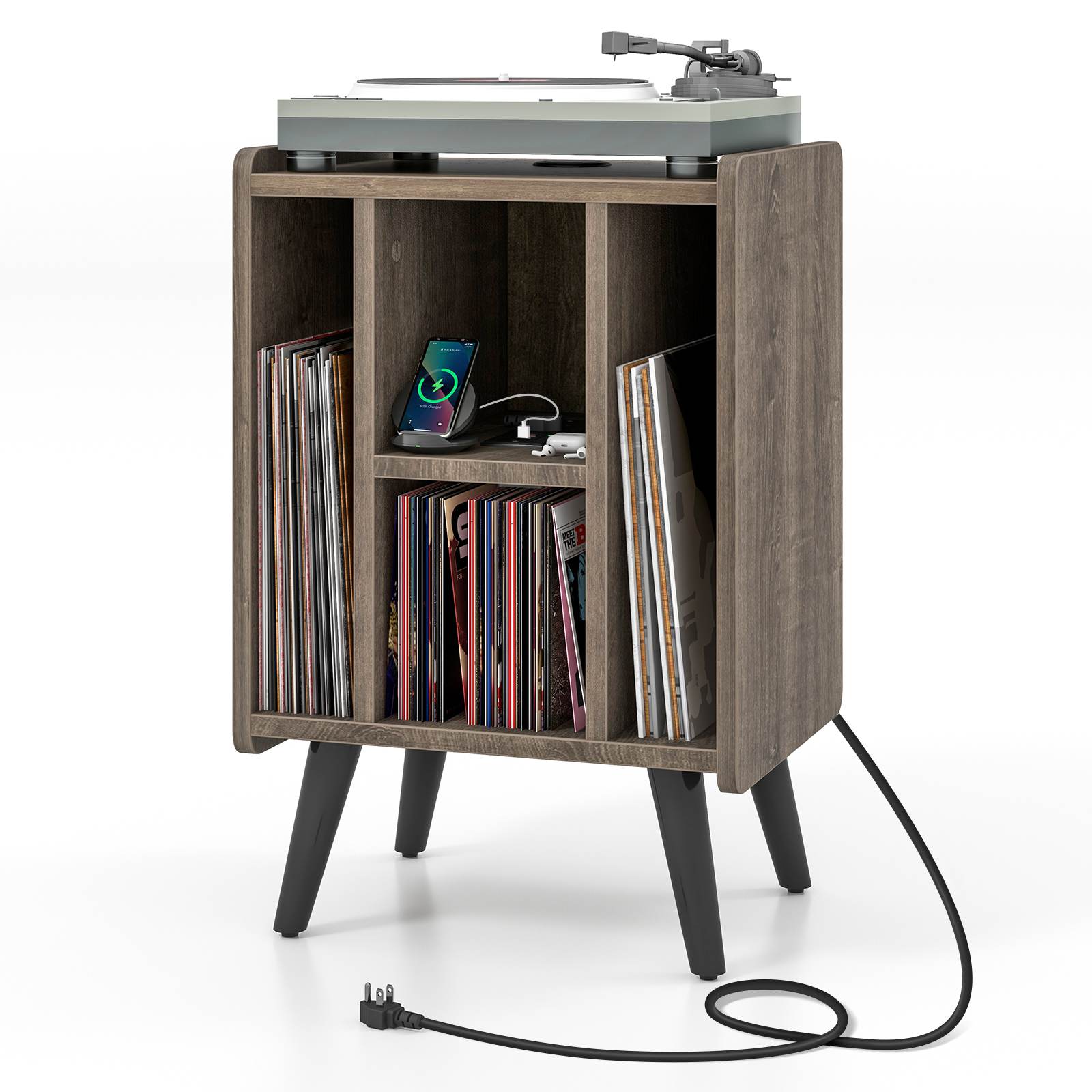 Record Player Stand Vinyl Storage Turntable Cabinet with Power