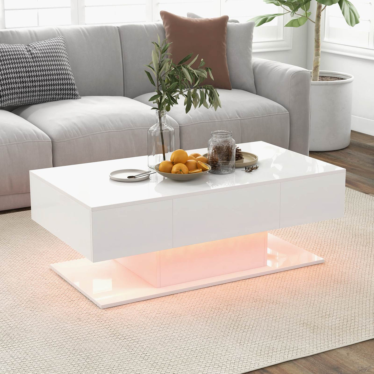 2-Tier Modern LED Coffee Table w/ 20 Color LED Lights Storage Drawers