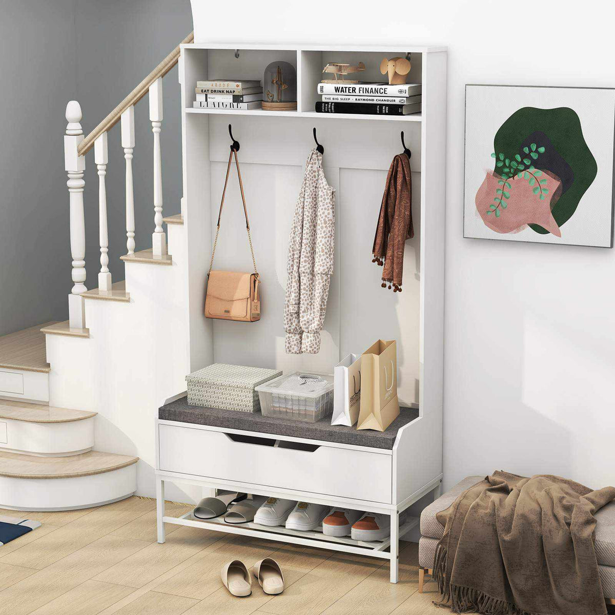 Shoe Storage Coat Hooks On Stairs And Shoe Storage Hallway Bench