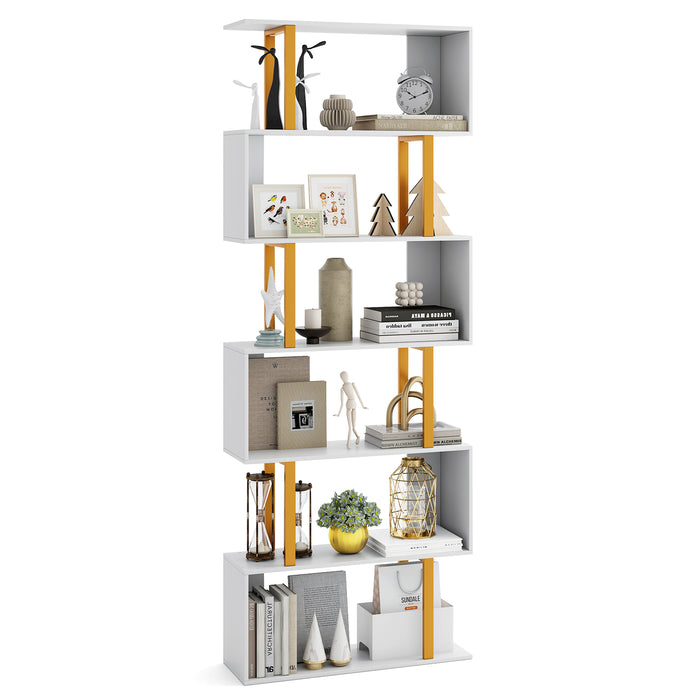 5/6-Tier Geometric Bookcase Decorative S-Shaped Storage Bookshelf w/ Metal Frame