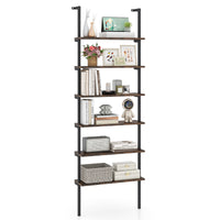 6-Tier Ladder Shelf Industrial Wall Mounted Display Bookshelf w/ Metal Frame