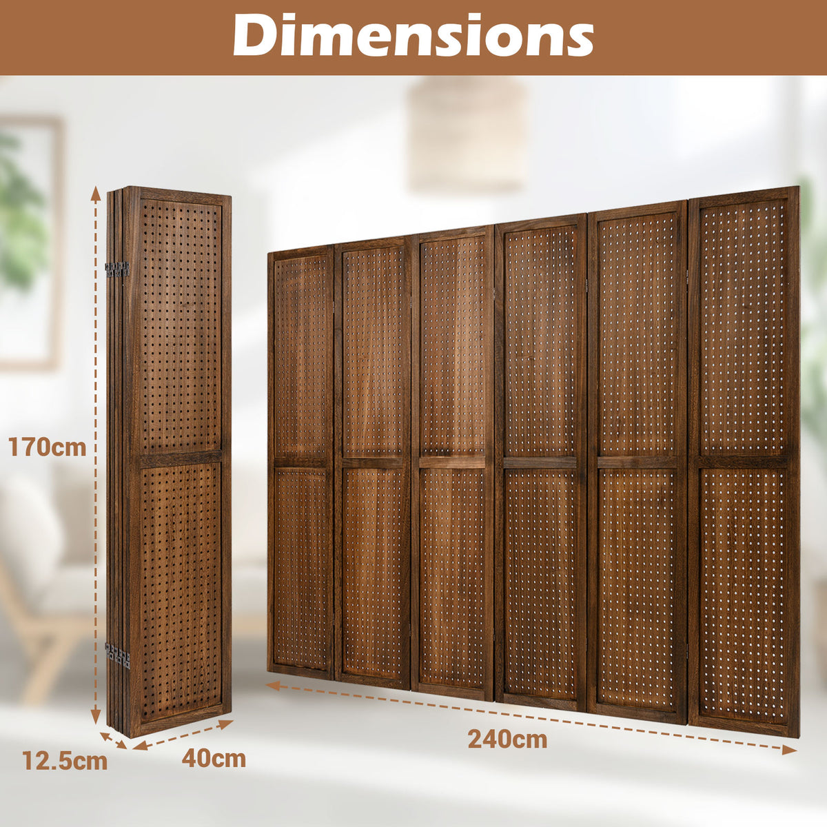 4/6 Panels Pegboard Display 170cm Folding Room Divider Privacy Screen Brown