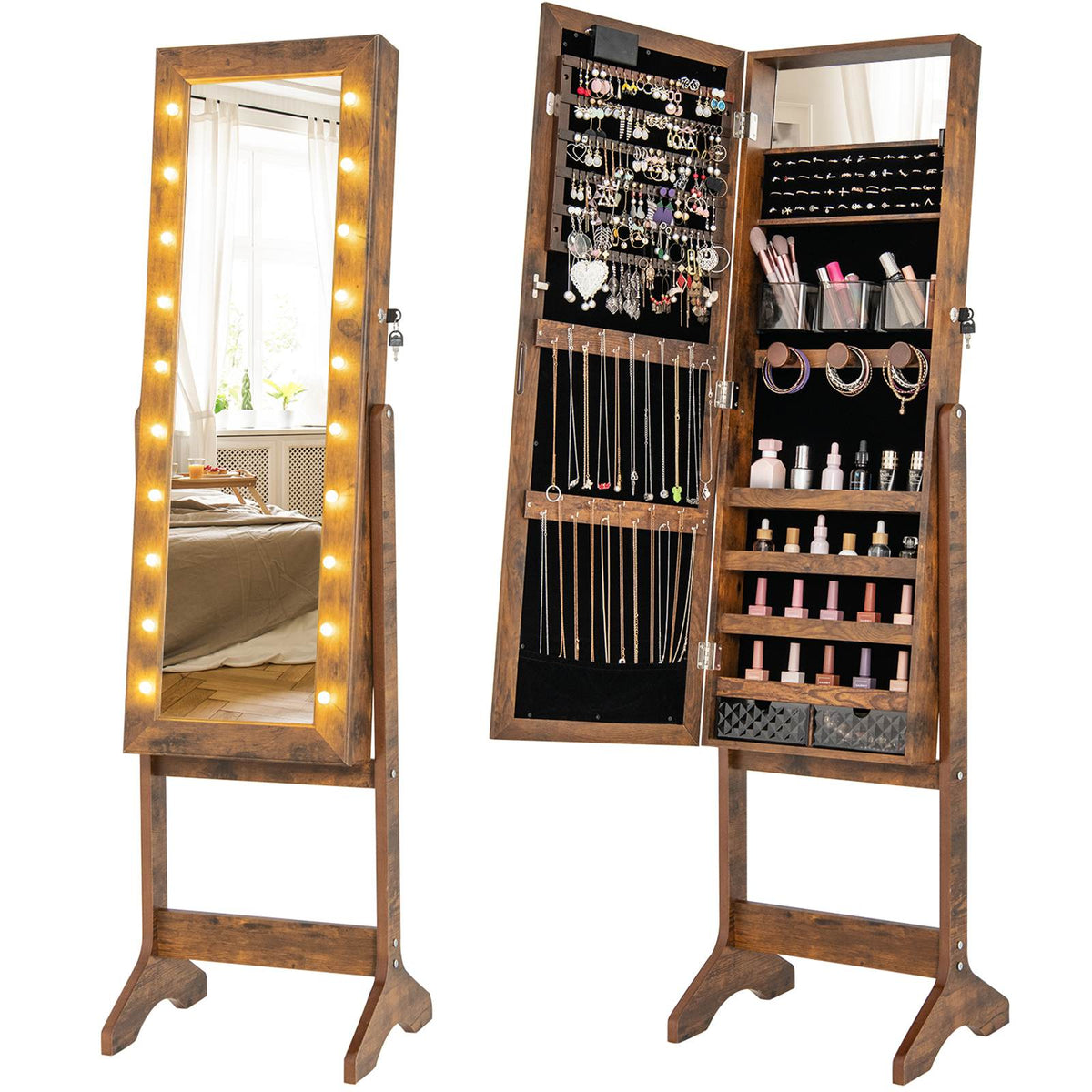 Mirror Jewelry Cabinet Standing Jewelry Armoire Organizer w/ Full Length Mirror