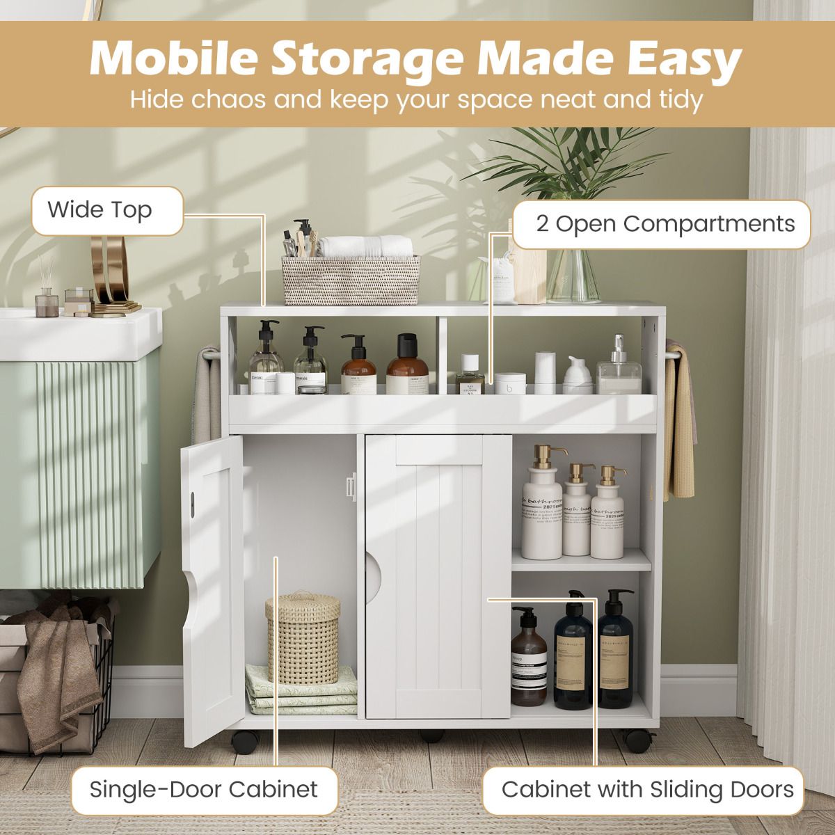 Bathroom Cabinet with Wheels Slim Side Storage Organizer with Adjustable Shelf