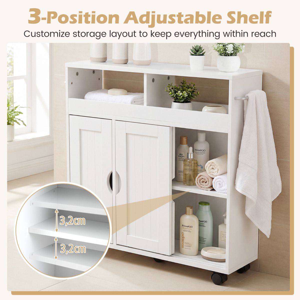 Bathroom Cabinet with Wheels Slim Side Storage Organizer with Adjustable Shelf