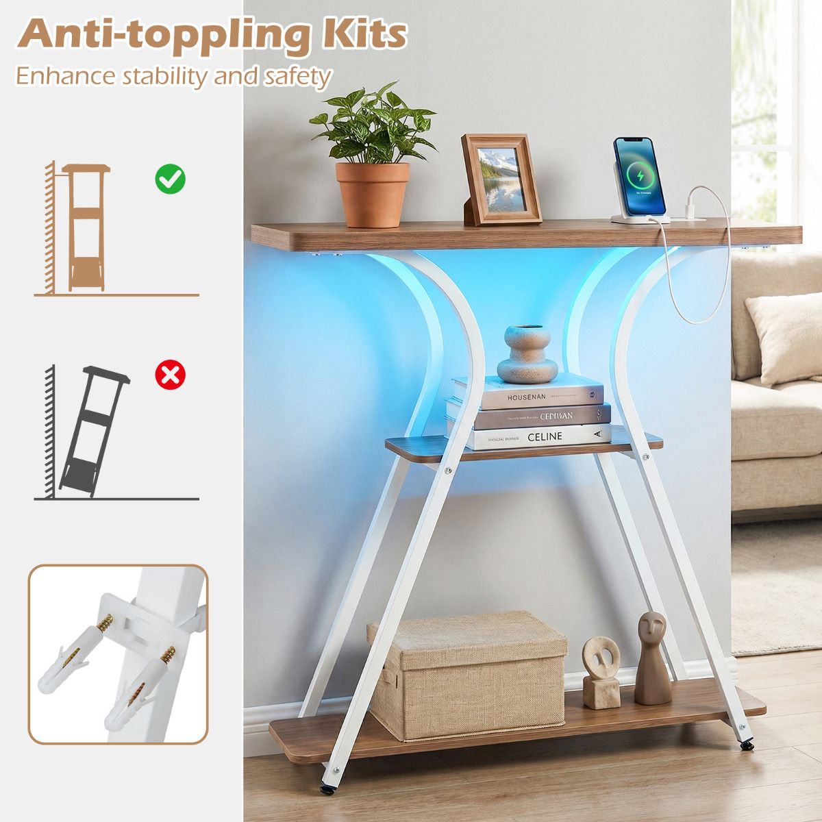 Console Table with LED Lights & Power Outlets 3-Tier Entryway Table with Storage Shelves