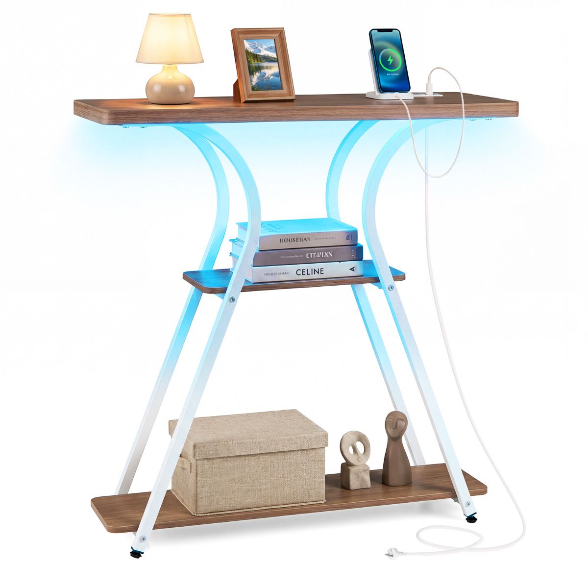 Console Table with LED Lights & Power Outlets 3-Tier Entryway Table with Storage Shelves