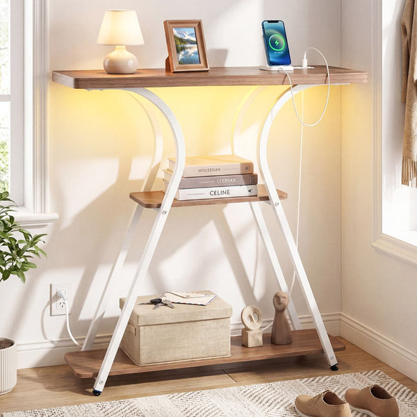 Console Table with LED Lights & Power Outlets 3-Tier Entryway Table with Storage Shelves