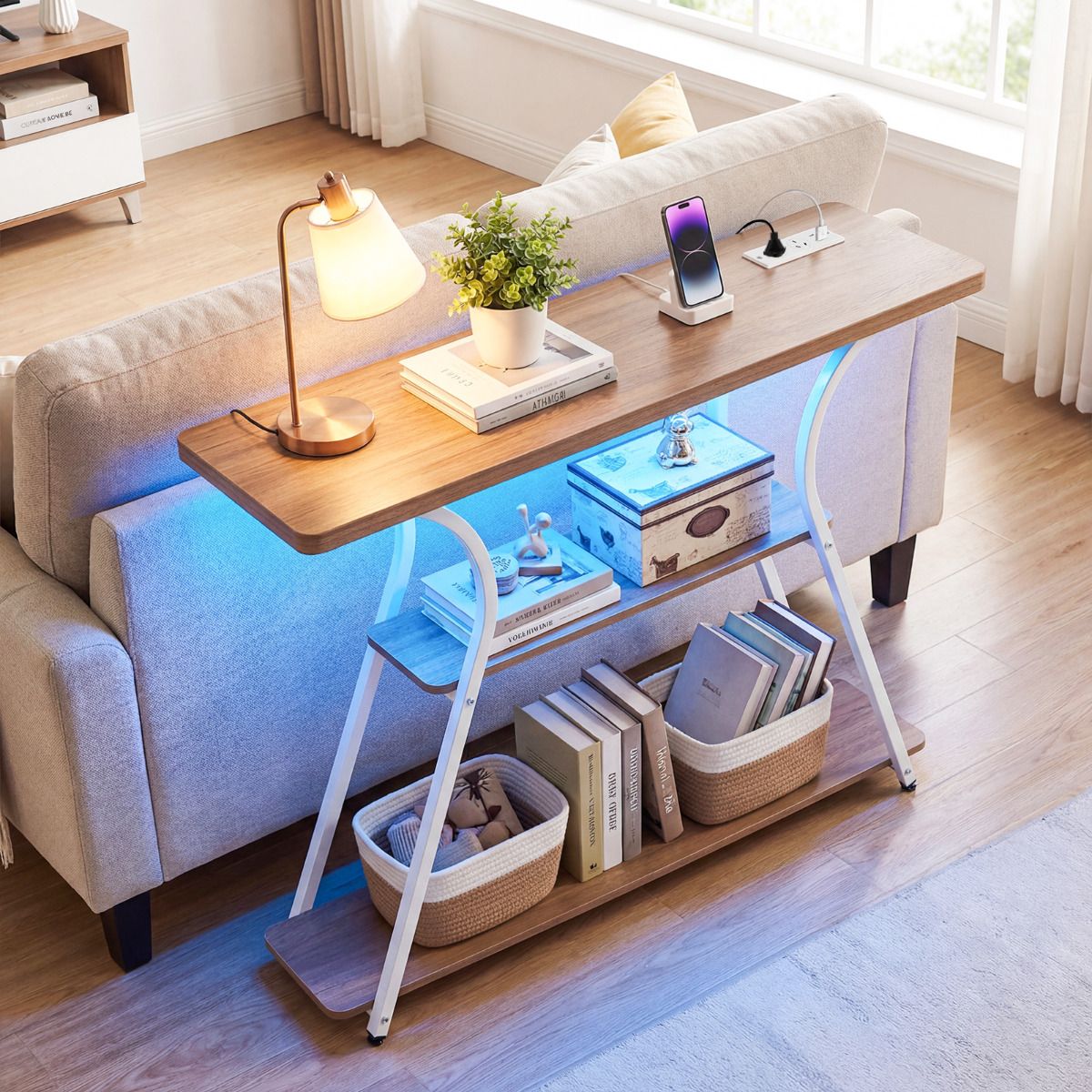 Console Table with LED Lights & Power Outlets 3-Tier Entryway Table with Storage Shelves