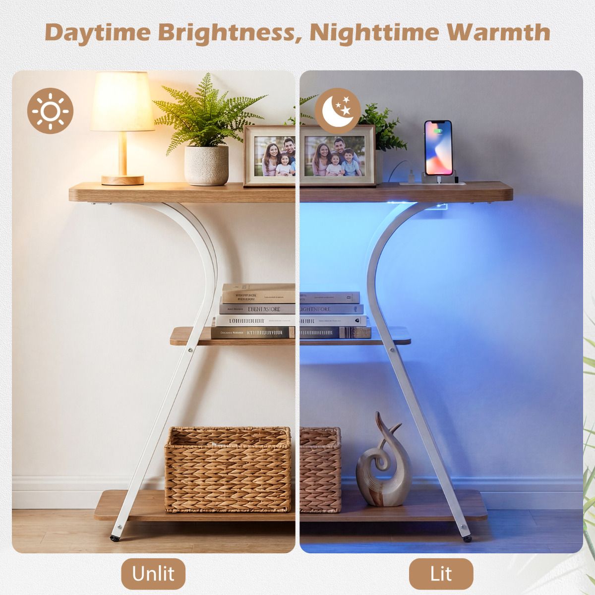 Console Table with LED Lights & Power Outlets 3-Tier Entryway Table with Storage Shelves