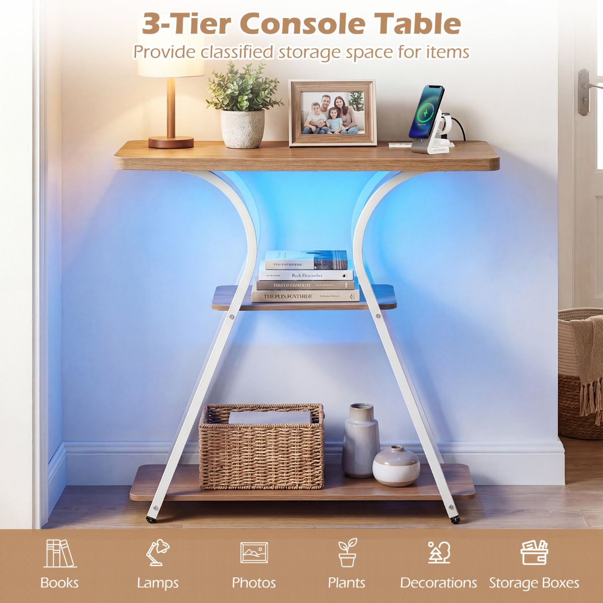 Console Table with LED Lights & Power Outlets 3-Tier Entryway Table with Storage Shelves