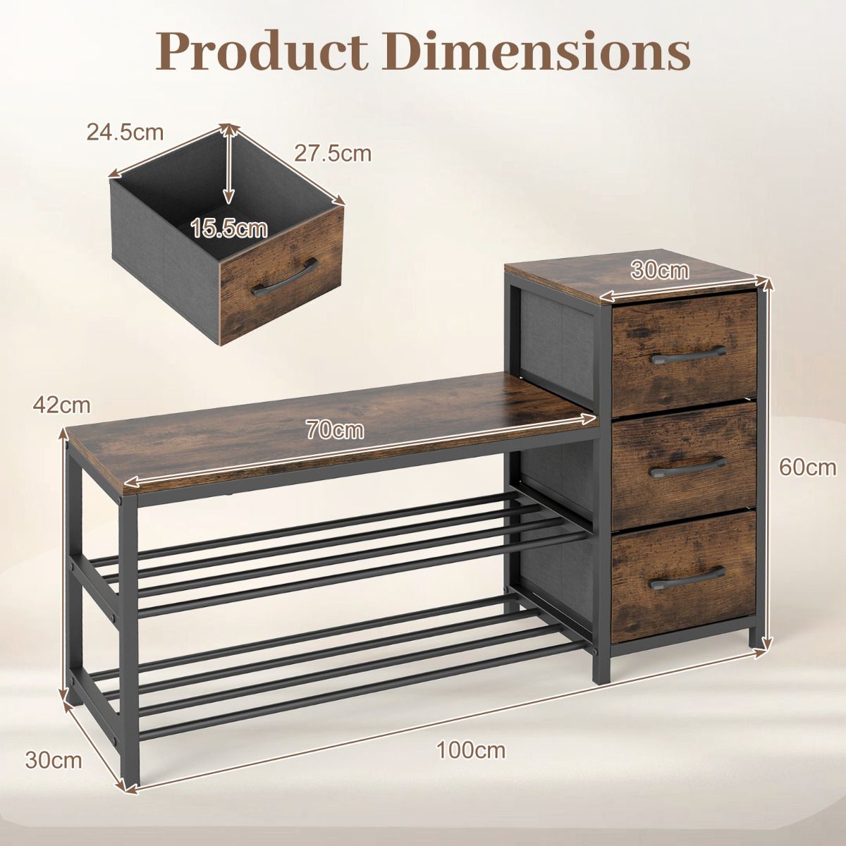 Shoe Bench 3-Tier Shoe Rack with 3 Removable Fabric Drawers