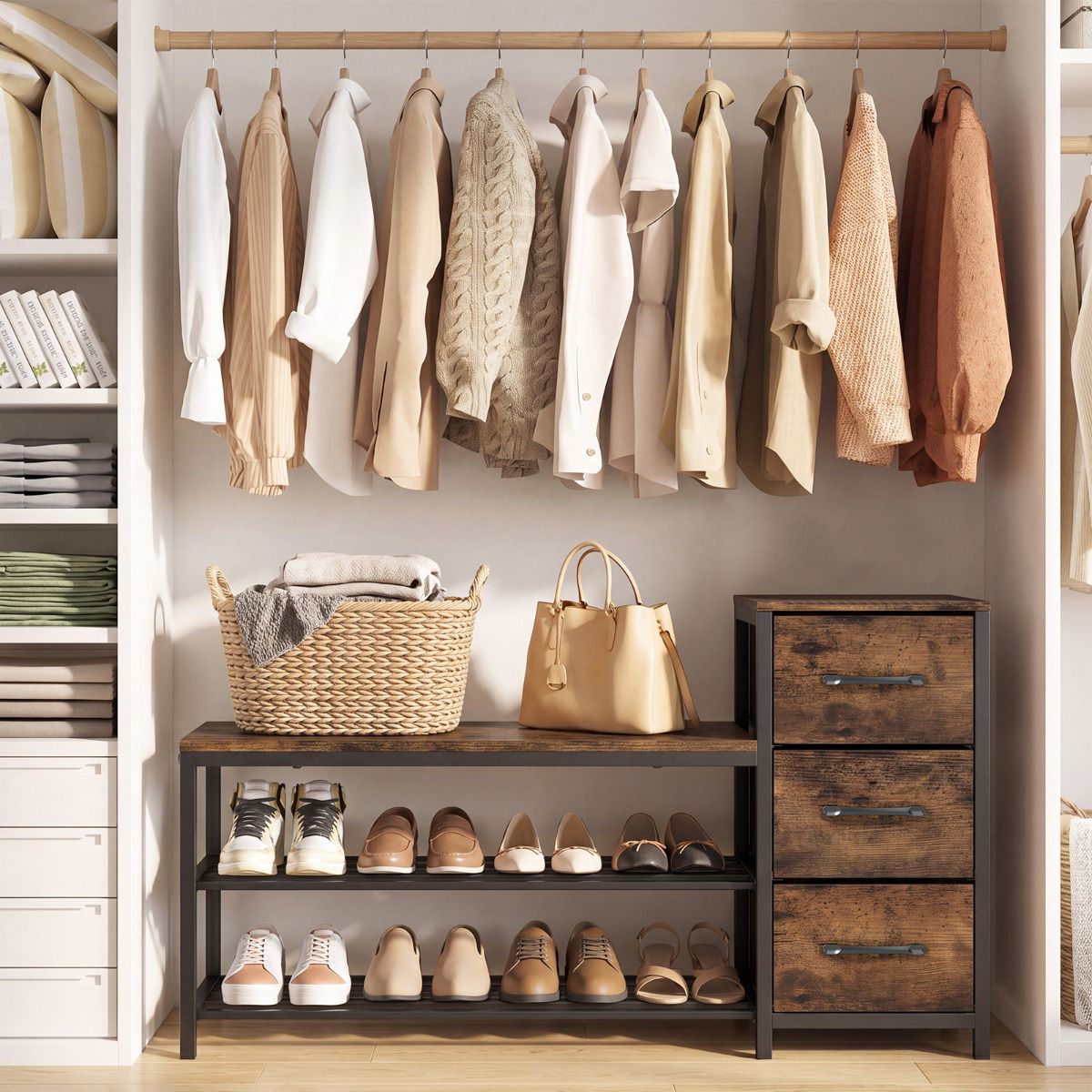 Shoe Bench 3-Tier Shoe Rack with 3 Removable Fabric Drawers