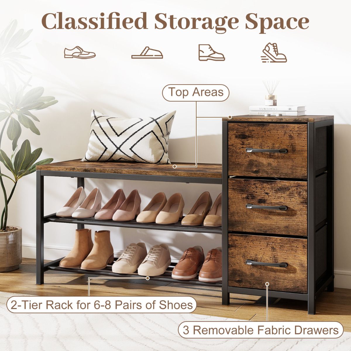 Shoe Bench 3-Tier Shoe Rack with 3 Removable Fabric Drawers