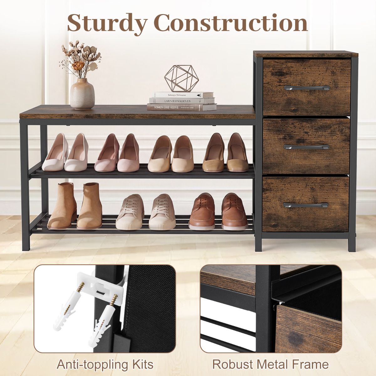 Shoe Bench 3-Tier Shoe Rack with 3 Removable Fabric Drawers