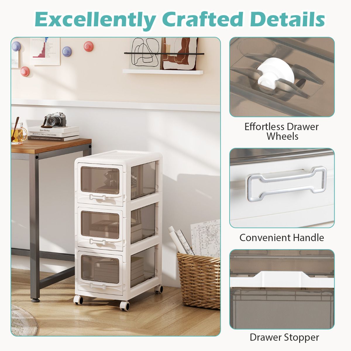 3/4/5-Tier Plastic Drawer Storage Organizer Rolling Cart with 3 Drawers and Lockable Wheels