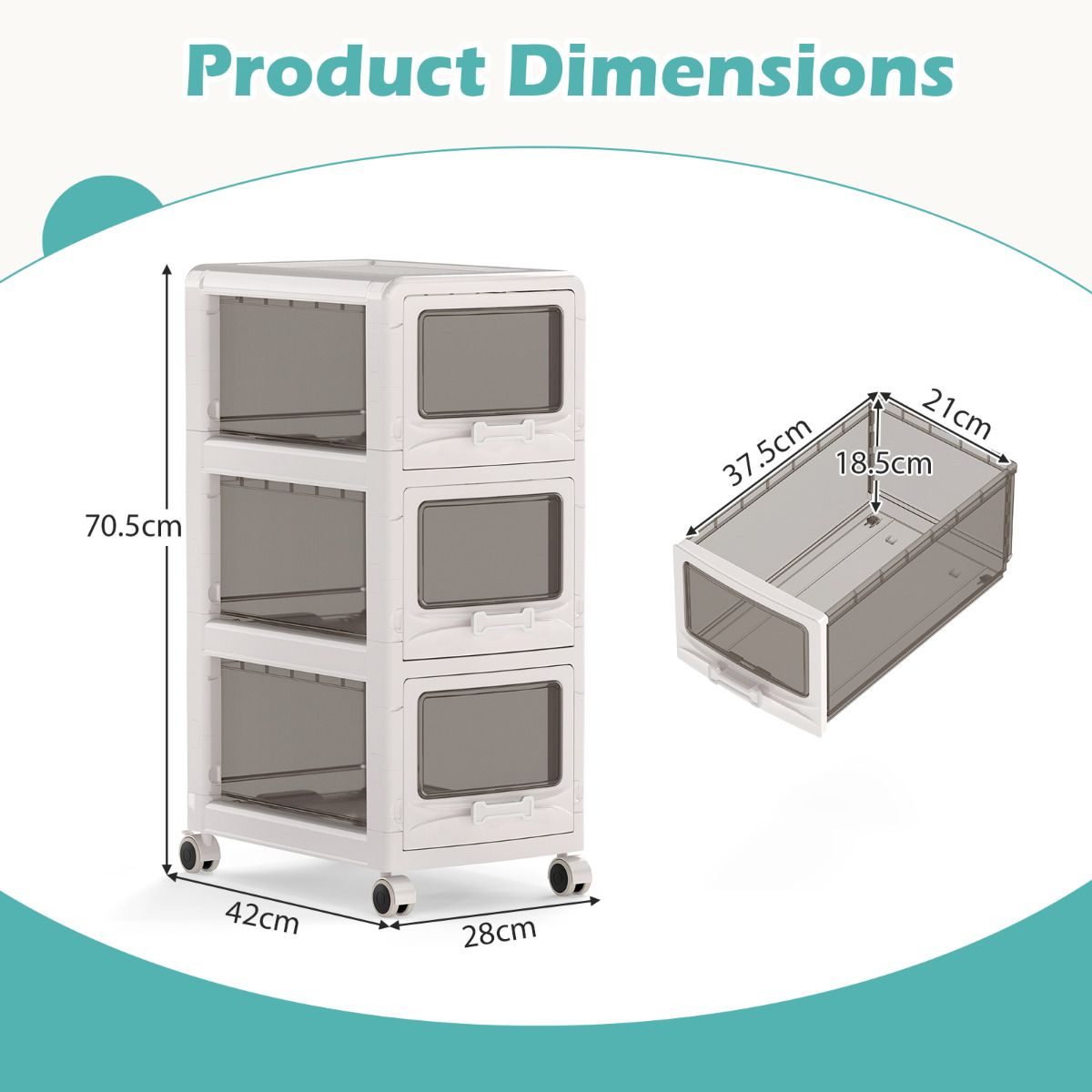3/4/5-Tier Plastic Drawer Storage Organizer Rolling Cart with 3 Drawers and Lockable Wheels