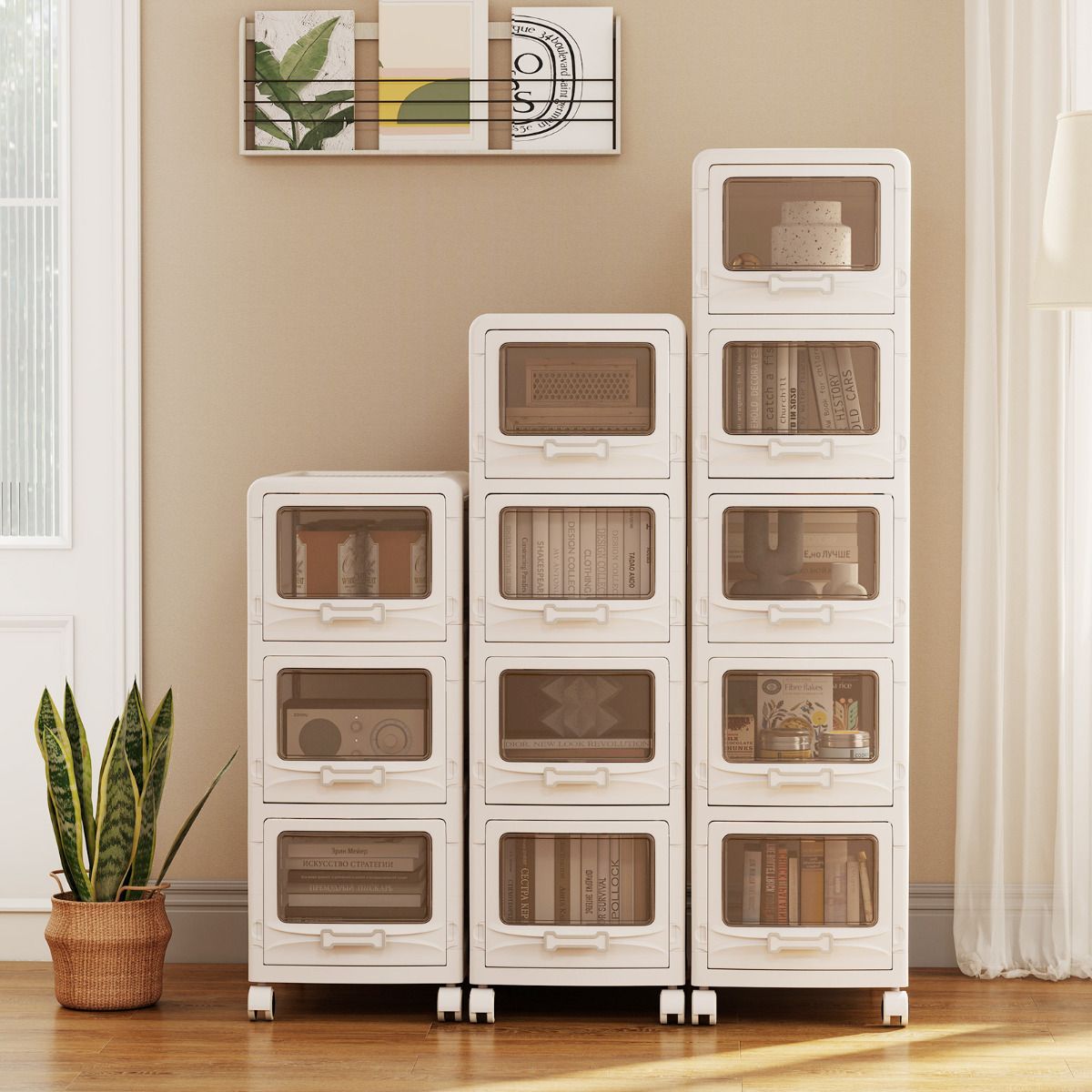 3/4/5-Tier Plastic Drawer Storage Organizer Rolling Cart with 3 Drawers and Lockable Wheels