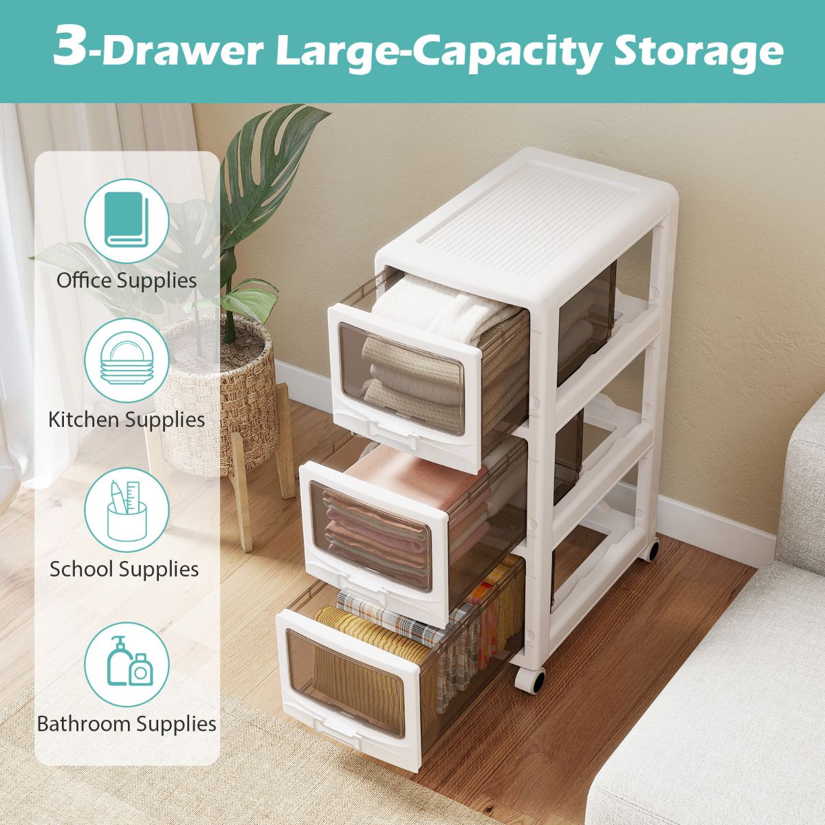 3/4/5-Tier Plastic Drawer Storage Organizer Rolling Cart with 3 Drawers and Lockable Wheels