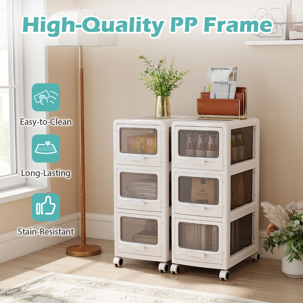 3/4/5-Tier Plastic Drawer Storage Organizer Rolling Cart with 3 Drawers and Lockable Wheels
