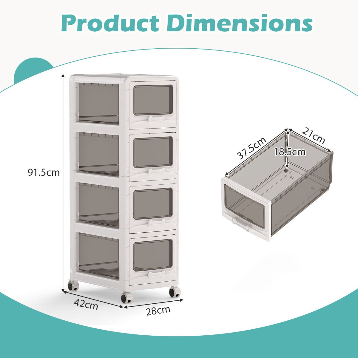 3/4/5-Tier Plastic Drawer Storage Organizer Rolling Cart with 3 Drawers and Lockable Wheels