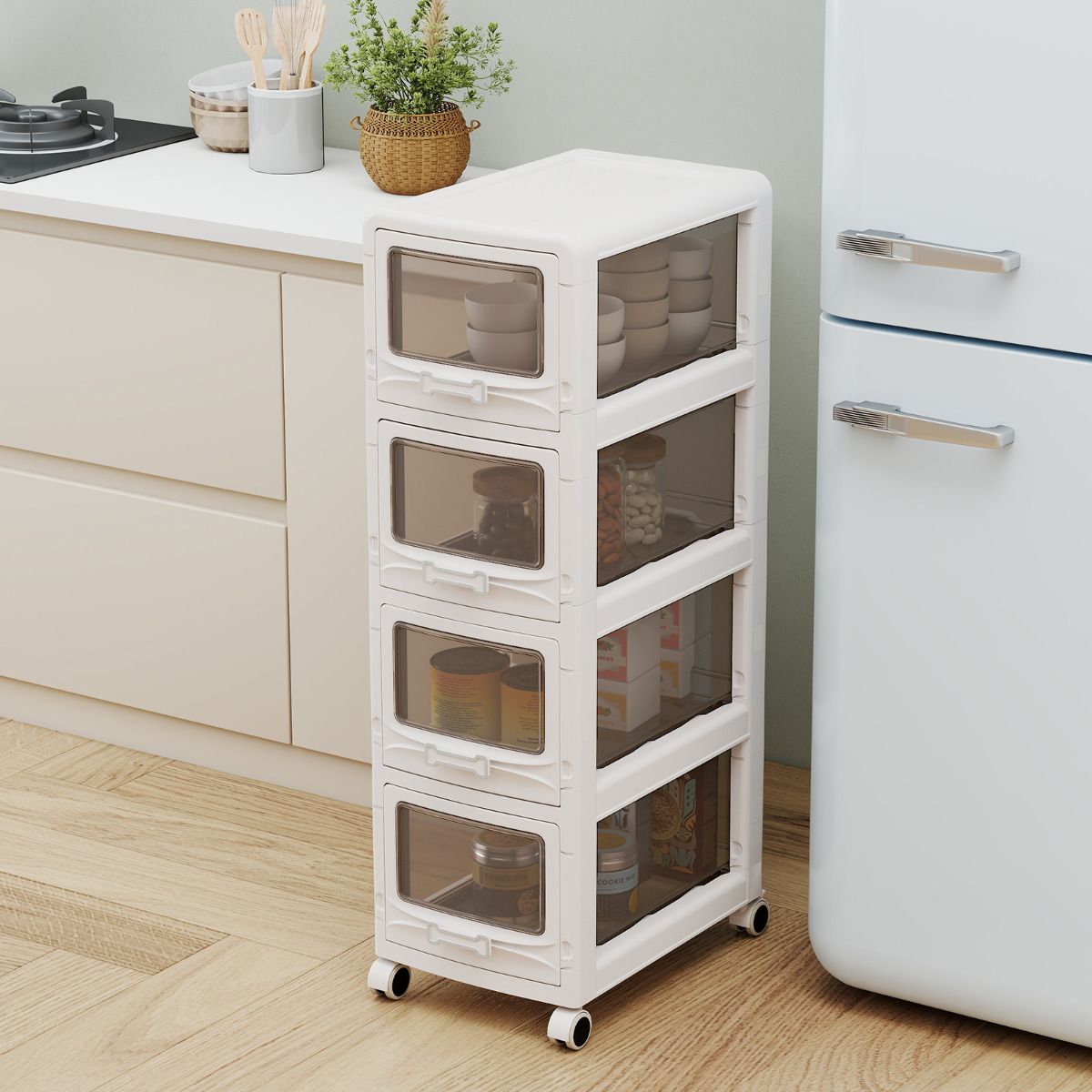 3/4/5-Tier Plastic Drawer Storage Organizer Rolling Cart with 3 Drawers and Lockable Wheels