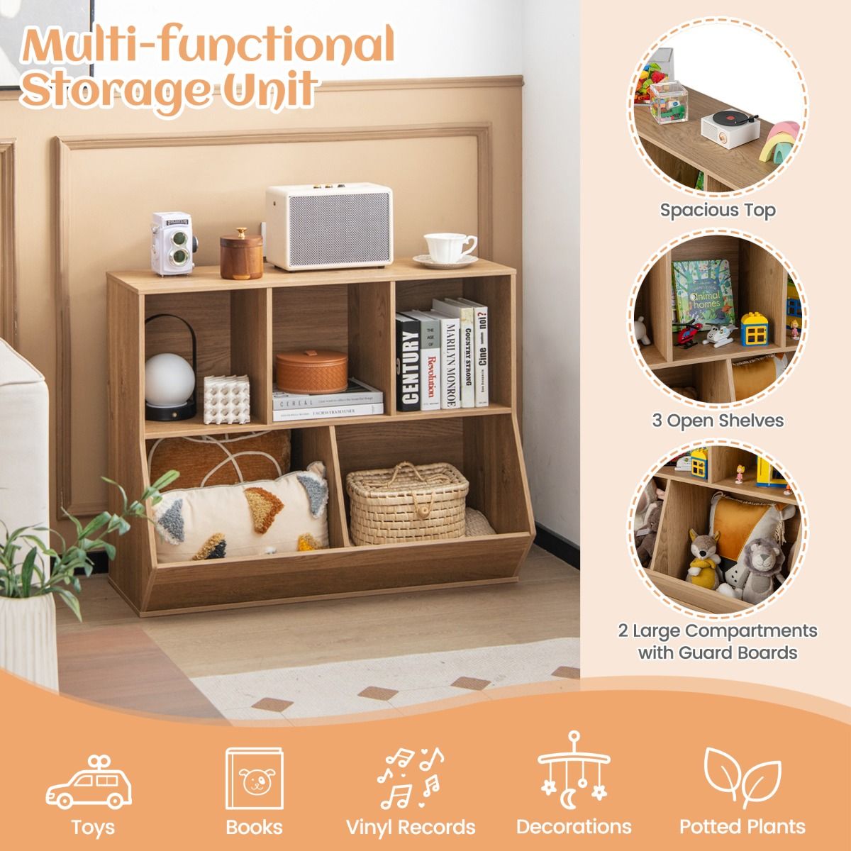 5-Cubby Kids Toy Storage Organizer with Footboard for Kids