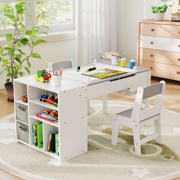 Kids Art Table and 2 Chairs Set with Paper Roll and Storage Shelves