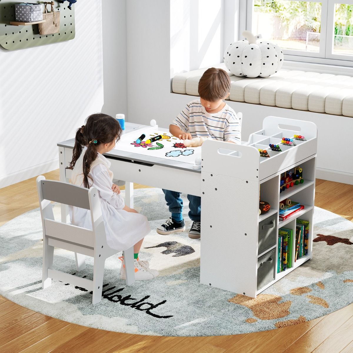 Kids Art Table and 2 Chairs Set with Paper Roll and Storage Shelves