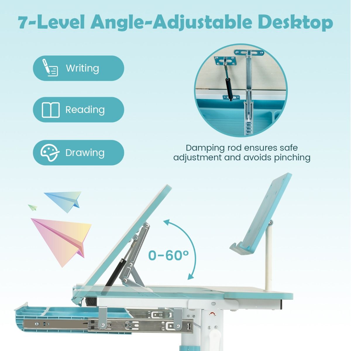 Height-Adjustable Kids Desk with Tilt Desktop and Book Stand for Writing Drawing Reading