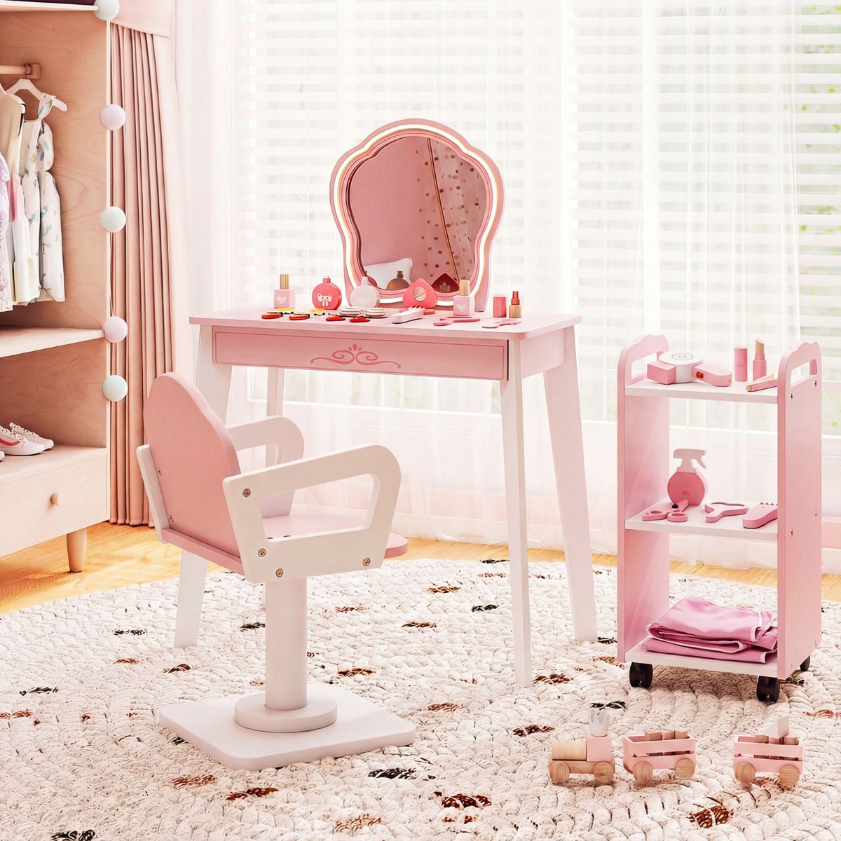 Kids Hair Salon Play Set with LED Lighted Mirror Swivel Barber