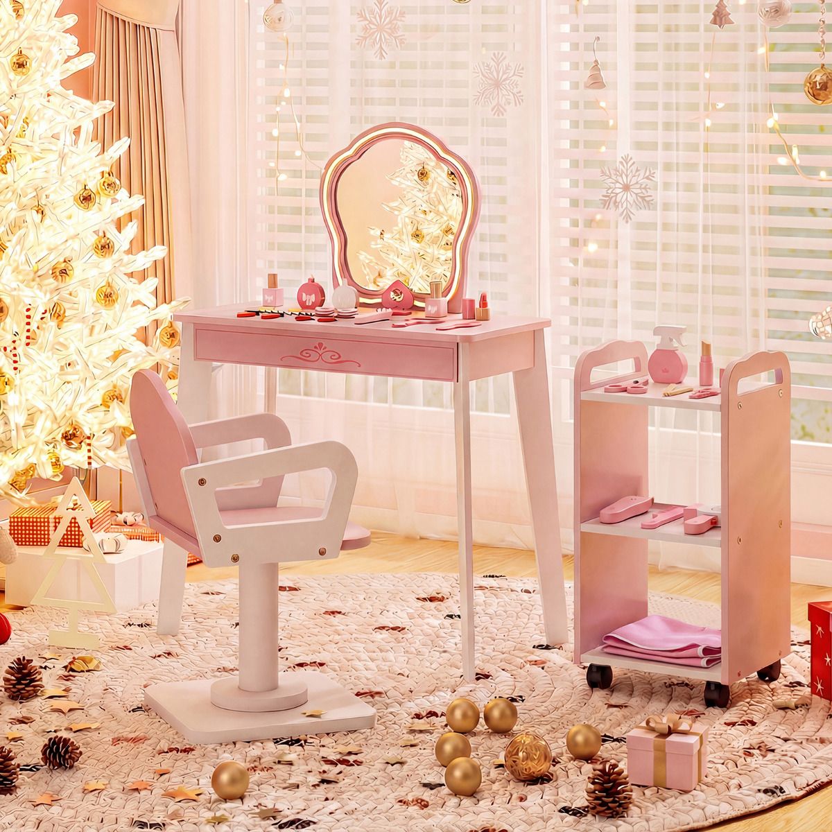 Kids Hair Salon Play Set with LED Lighted Mirror Swivel Barber